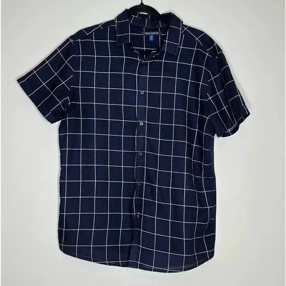 Vince Camuto Polo Shirt Men's Large Blue Window Pane Short Sleeve Button Front - Picture 2 of 7